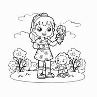 Coloring book for children, Girl with a doll in the park vector