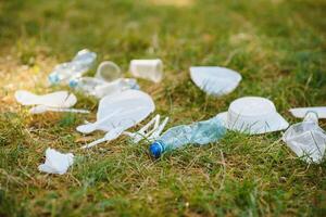 basura pila en el campo parque bosque borde en verde arboles antecedentes en un soleado primavera día, el plastico tirar basura el fauna silvestre con vacacionistas personas en Europa foto