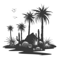 ai généré silhouette un oasis dans le désert noir Couleur seulement png