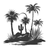 ai généré silhouette un oasis dans le désert noir Couleur seulement png