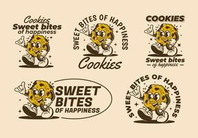 Sweet bites of happiness. Mascot character of a walking cookies in retro style vector