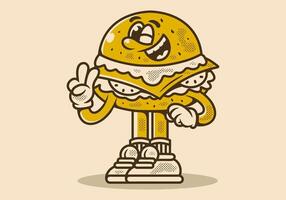 mascota personaje ilustración de un hamburguesa con mano formando paz símbolo vector