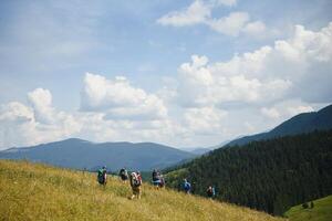 Group of hikers walking on mountain photo