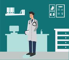 Hospital service concept flat vector illustration. The doctor examines, advises, and dispenses medications to patients in the hospital examination room. Hospital service concept a  flat vector