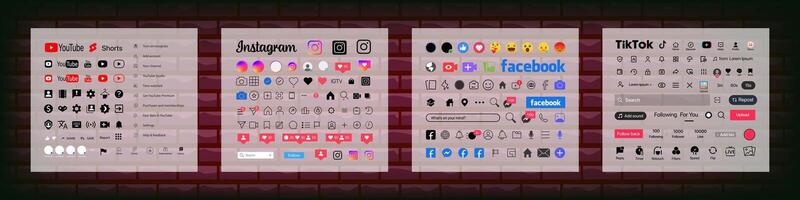 Instagram, Tik Tok, Facebook, YouTube button icon. Set screen social media and social network interface template. Stories button, symbol, sign logo. Glassmorphism. Editorial vector