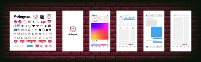 instagram diseño. conjunto instagram pantalla social medios de comunicación y social red interfaz modelo. instagram foto marco. cuentos, apreciado, arroyo. editorial vector. vector