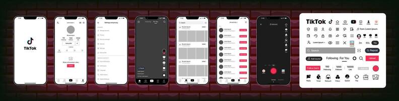 tik tok diseño. conjunto tik tok pantalla social medios de comunicación y social red interfaz modelo. página principal, recomendaciones, suscripciones tik tok foto marco. cuentos, apreciado, arroyo. editorial ilustración vector