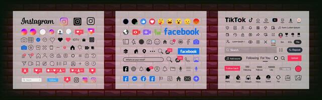 Instagram, Tik Tok, Facebook button icon. Set screen social media and social network interface template. Stories user button, symbol, sign logo. Stories, liked, stream. Editorial vector illustration