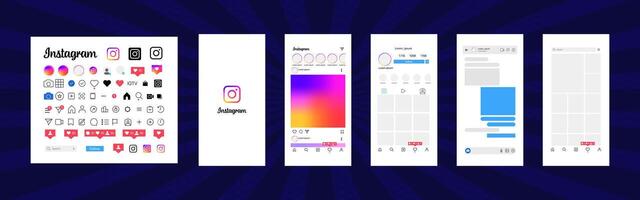 instagram diseño. conjunto instagram pantalla social medios de comunicación y social red interfaz modelo. instagram foto marco. cuentos, apreciado, arroyo. editorial vector. vector
