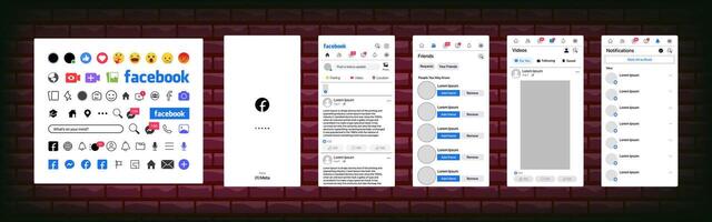 Facebook design. Set Facebook screen social media and social network interface template. Homepage, recommendations, subscriptions. Facebook photo frame. Stories, liked, stream. Editorial illustration vector