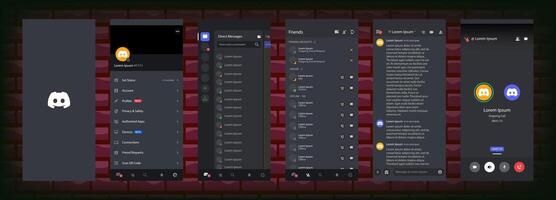 Discord Social media interface. Discord mobile application from Microsoft Corporation on a smartphone. Set social network mockup template. Discord button. Editorial vector