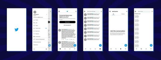 Twitter mobile interface. Twitter screen social media, social network interface template. Homepage, logo, recommendations, subscription, profile. Editorial illustration vector