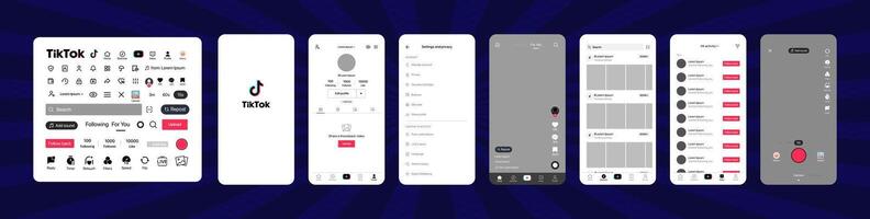 tik tok diseño. conjunto tik tok pantalla social medios de comunicación y social red interfaz modelo. página principal, recomendaciones, suscripciones tik tok foto marco. cuentos, apreciado, arroyo. editorial ilustración vector