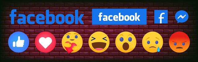 Facebook emoticon buttons. Collection of Emoji Reactions for Social Network. Official Facebook Reactions Vector. Facebook Social Reaction Emojis. Network Isolated on White Background. Editorial vector