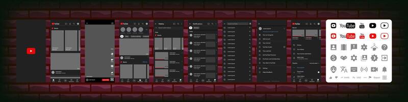 Youtube móvil interfaz. usted tubo pantalla social medios de comunicación, vídeo hospedaje interfaz modelo. página principal, logo, recomendaciones, suscripción, perfil. editorial ilustración vector