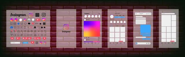 Instagram design. Set instagram screen social media and social network interface template. Instagram photo frame. Stories, liked, stream. Editorial vector