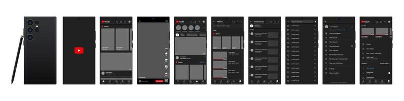 Youtube móvil interfaz en Samsung galaxia s23 ultra. usted tubo pantalla social medios de comunicación, vídeo hospedaje interfaz modelo. página principal, logo, recomendaciones, suscripción, perfil. oscuro tema. editorial vector