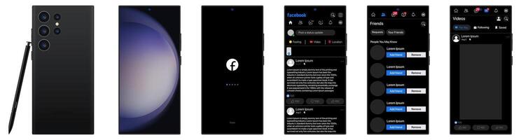 Facebook design in Samsung galaxy s23 ultra. Set Facebook screen social media and social network interface template. Homepage, Stories, liked, stream. Editorial illustration. vector