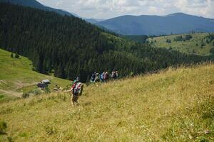 Group of hikers walking on mountain photo