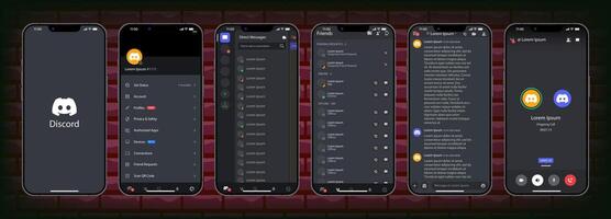 Discord Social media interface. Discord mobile application from Microsoft Corporation on a smartphone. Set social network mockup template. Discord button. Editorial vector