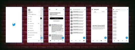 Twitter mobile interface. Twitter screen social media, social network interface template. Homepage, logo, recommendations, subscription, profile. Editorial illustration vector