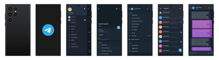 Telegram mockup in Samsung galaxy s23 ultra. Telegram logo. Set telegram screen social media and social network interface template. Dark theme. Telegram button. Vector illustration. Editorial.