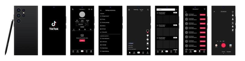Tik Tok design in Samsung galaxy s23 ultra. Tik Tok screen social media, social network interface template. Homepage, loading, recommendations, subscription, profile. Stream, stories. Editorial vector