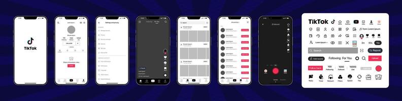 tik tok diseño. conjunto tik tok pantalla social medios de comunicación y social red interfaz modelo. página principal, recomendaciones, suscripciones tik tok foto marco. cuentos, apreciado, arroyo. editorial ilustración vector