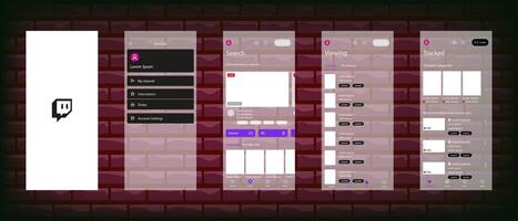 Twitch mobile interface. Twitch screen social media, streaming platform interface template. Homepage, logo, recommendations, subscription, profile. Glassmorphism. Editorial illustration vector