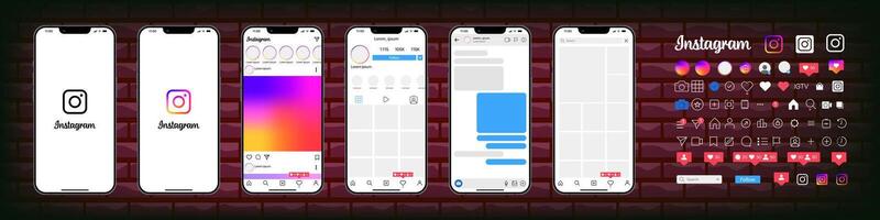 instagram diseño. conjunto instagram pantalla social medios de comunicación y social red interfaz modelo. instagram foto marco. cuentos, apreciado, arroyo. editorial vector. vector