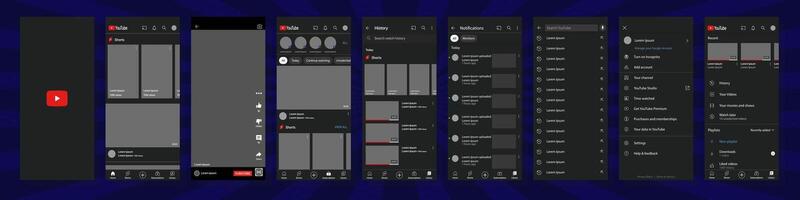 Youtube móvil interfaz. usted tubo pantalla social medios de comunicación, vídeo hospedaje interfaz modelo. página principal, logo, recomendaciones, suscripción, perfil. editorial ilustración vector