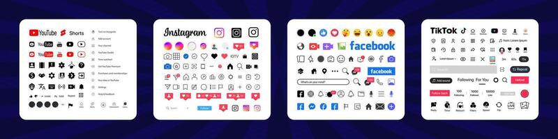 Instagram, Tik Tok, Facebook, YouTube button icon. Set screen social media and social network interface template. Stories button, symbol, sign logo. Editorial vector
