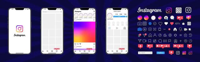 instagram diseño. conjunto pantalla social medios de comunicación y red interfaz modelo. foto marco. cuentos, apreciado, arroyo, comentario, personal perfil, charlar, bobinas, alimentar, tendencias recomendaciones editorial vector