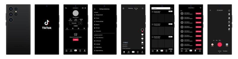 Tik Tok design in Samsung galaxy s23 ultra. Tik Tok screen social media, social network interface template. Homepage, loading, recommendations, subscription, profile. Stream, stories. Editorial vector