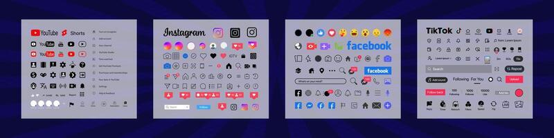 instagram, tik tok, Facebook, Youtube botón icono. conjunto pantalla social medios de comunicación y social red interfaz modelo. cuentos botón, símbolo, firmar logo. morfismo de vidrio. editorial vector