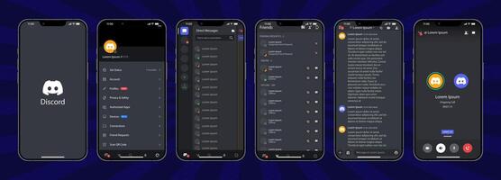 Discord Social media interface. Discord mobile application from Microsoft Corporation on a smartphone. Set social network mockup template. Discord button. Editorial vector