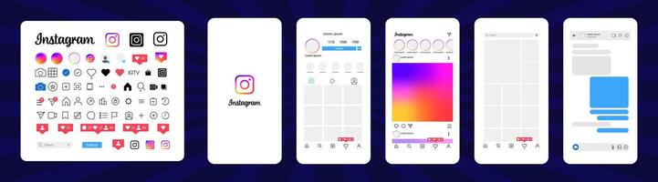 Instagram design. Set instagram screen social media and social network interface template. Instagram photo frame. Stories, liked, stream. Editorial vector. vector