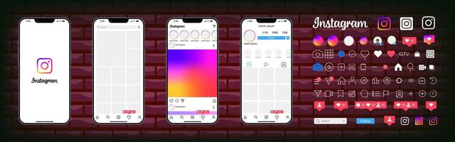 Instagram design. Set screen social media and network interface template. Photo frame. Stories, liked, stream, feedback, personal profile, chat, Reels, feed, trending recommendations. Editorial vector