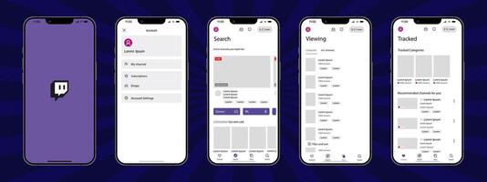 Twitch mobile interface. Twitch screen social media, streaming platform interface template. Homepage, logo, recommendations, subscription, profile. Glassmorphism. Editorial illustration vector