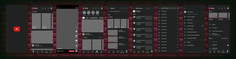 Youtube móvil interfaz. usted tubo pantalla social medios de comunicación, vídeo hospedaje interfaz modelo. página principal, logo, recomendaciones, suscripción, perfil. editorial ilustración vector