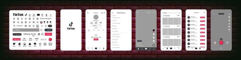 tik tok diseño. conjunto tik tok pantalla social medios de comunicación y social red interfaz modelo. página principal, recomendaciones, suscripciones tik tok foto marco. cuentos, apreciado, arroyo. editorial ilustración vector