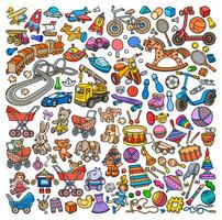 Cartoon cute doodles hand drawn kids toys objects set. Funny artwork. vector