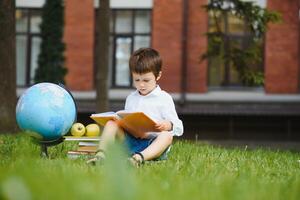 alumno cerca escuela. chico sentado con un libro. foto