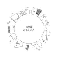 Set of vector design elements for spring house cleaning arranged in a circle. outline.