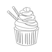 Cupcake with tubes and hearts. Doodle vector black and white illustration. Muffin with whipped cream. Doodle style.