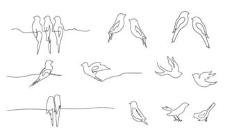 Birds continuous line drawing elements set isolated on white background. Vector illustration.