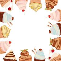 Square frame of cupcakes. Colorful border from sweets for the design Border for card and invitations. vector