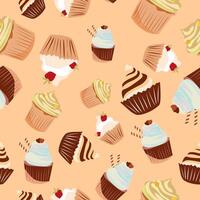 Vector seamless pattern with cakes. Holiday background for birthday party. Backdrop with cupcakes and muffins.