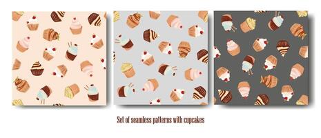 Set of seamless patterns and greeting card with cupcakes. Backgrounds for gift wrap, wallpapers and textile. vector