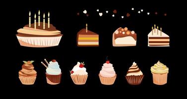 Set of cakes. Colorful delicious desserts, birthday cakes with celebration candles and chocolate hearts. Tasty sweets. vector